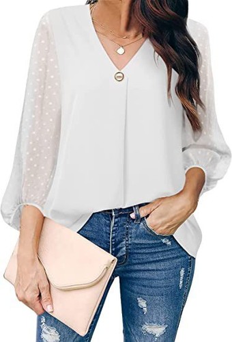 Summer Women Chiffon Long Sleeve Loose T-Shirt Blouse V Neck Office Lady Tops - Picture 15 of 22
