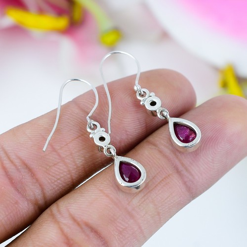 Red Ruby(Simulated),Peridot Handmade 925 Sterling Silver Gift Earring 1.5" - Picture 3 of 3
