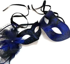 Blue Masquerade Ball Mask Pair side Feather New Year Eve Party Birthday Dress up