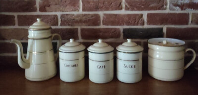 Beige Enameled Kitchen Set Coffee Maker Spice Jars Milk Boil Pot