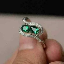 2Ct Pear Cut Lab-Created Green Emerald Engagement Ring 14K White Gold Plated