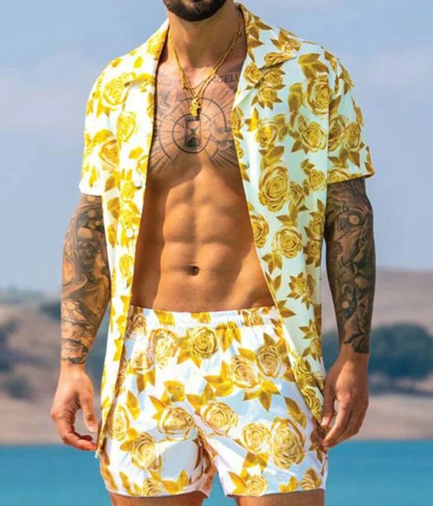 Button Down Shirt Mens Floral Vintage Yellow Beach Party Tee Top with Shorts SET