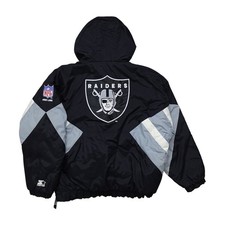 VTG 90s NFL OAKLAND RAIDERS STARTER PRO LINE PULLOVER HOODED PUFFER JACKET Sz L