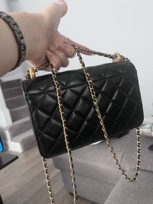 CHANEL 24C Black Perfect Fit Wallet On Chain WOC Double Pearl