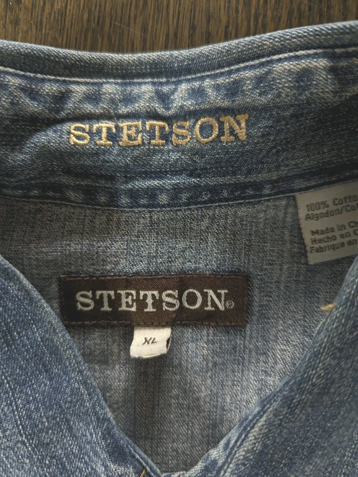 Stetson Mens XL Blue Jean And Turquoise Western Button Down Shirt - Image 4 of 4