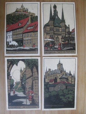 Bundle 4 x old original stone print postcard artist postcard Wernigerode Harz
