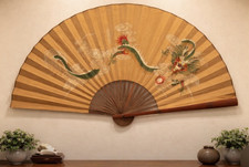 Vintage Large Oriental Asian Wall Fan Decor Dragon Wisdom Good Fortune 35"x64"