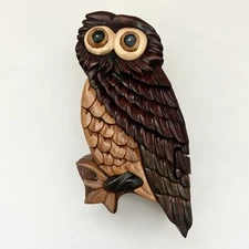 Hand Carved Solid Wood Puzzle Box Owl Lined Trinket Jewelry Decor - 6.5" x 3.25"