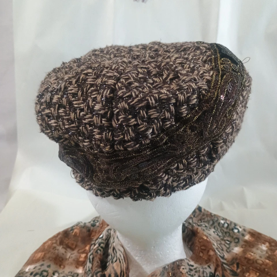 Винтажная волшебная женская шляпа таксист газетчик коричневый твид богемное шик вышитый акцент  - Изображение 3 из 4