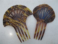 2 hair combs vintage plastic blue rhinestones numbered art deco