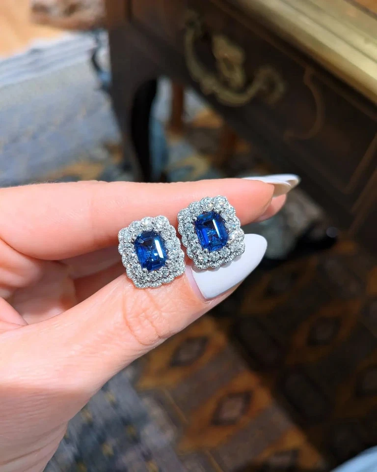 5.00 Ct Emerald Cut Natural Sapphire Earring 14k Solid White Gold Stud Earrings - Image 3 of 4