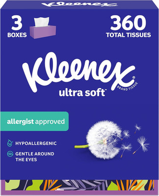 Kleenex Ultra Soft Facial Tissues, 3 Flat Boxes, 120 Tissues per Box, 3-Ply (360