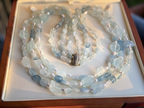 Kette natürlicher Aquamarin Rohstein mit echten Perlen - Bild 3 von 14