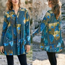 PERUVIAN CONNECTION Kyoto Tunic Dress Blue Green Gold Baby Doll Bib Front size S