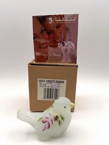 Vtg Fenton White Satin Art Glass Song Bird Hand Painted  Artist Signed Floral