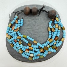 Turquoise & Gold Tone Blue Multi Strand Bead Bracelet Foil Statement Jewelry