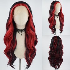 ZHYWIGS Red Highlight Black Long Wavy Lace Front Wig Synthetic Heat Safe