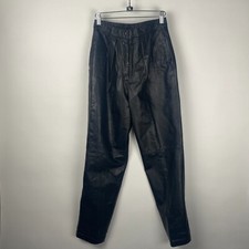New VTG 80s 90s High Waisted Black Leather Pleated Front Trousers Pants Womens 8