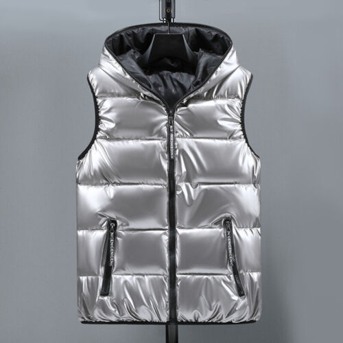 Herren Puffer Gesteppt mit Kapuze Weste Metallisch Glänzend Bubble Jacke Mantel - Bild 14 von 15
