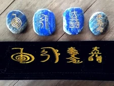 LAPIS LAZULI  Reiki Set, LAPIS ENGRAVED 4 REIKI SYMBOL Set,Velvet PURSE