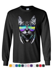 Funny DJ Cat Long Sleeve T-Shirt Music Kitten Headphones and Glasses