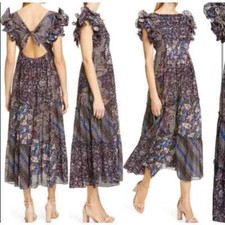 Ulla Johnson Zoya Ruffle Trim Ikat Midi Patchwork Dress Size 8 