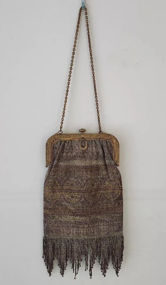 Винтажная антикварная золотистая бахрома на ремешке сумочки из эдвардианской французской стали с бисером - Изображение 2 из 4