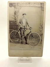 RARE EARLY CABINET CARD PHOTOGRAPH BOY WITH HIS BICYCLE ~NICE CONTRAST~