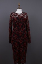 GANNI Red Floral Lace Embroidered Long Sleeve Bodycon Midi Dress Size M