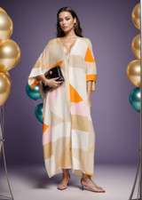 V-Neck Style Kaftan Kurta Silk Crepe Block Printed Women Long Ankle Length Dress