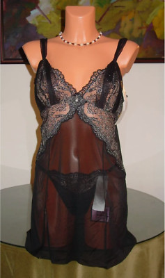 NWT Felina Black Lace Chemise / Thong, L ***
