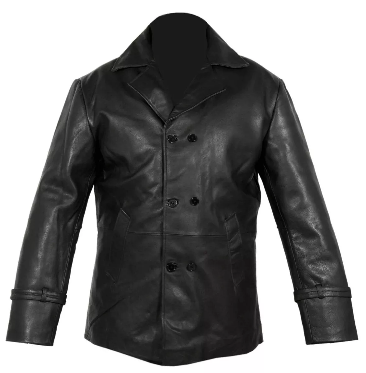 VINTAGE MENS BLACK COW HIDE REAL LEATHER PEA COAT JACKET