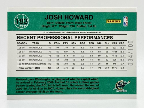 2010-11 Donruss Press Proof #183 Josh Howard 34/100 Washington Wizards - Picture 2 of 2