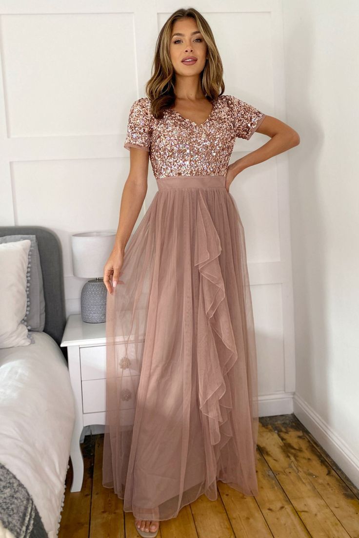 sistaglam rose gold dress New Sistaglam Sequin V Neck Short Sleeve Rose Gold Maxi Dress Sz UK 10