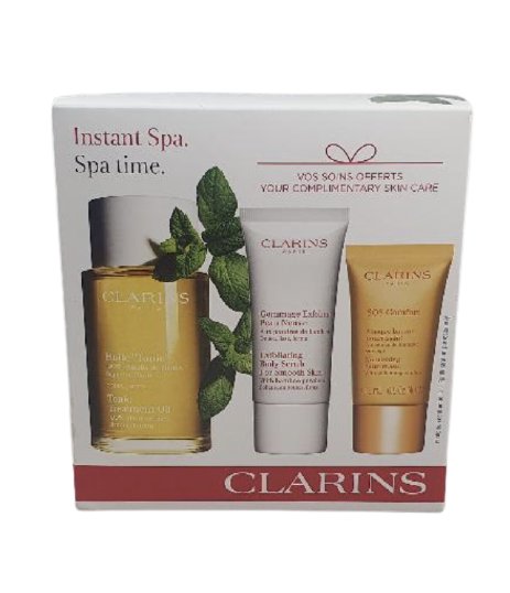 Clarins Instant Spa. Spa Time Tonic, Body Scrub, Balm Mask