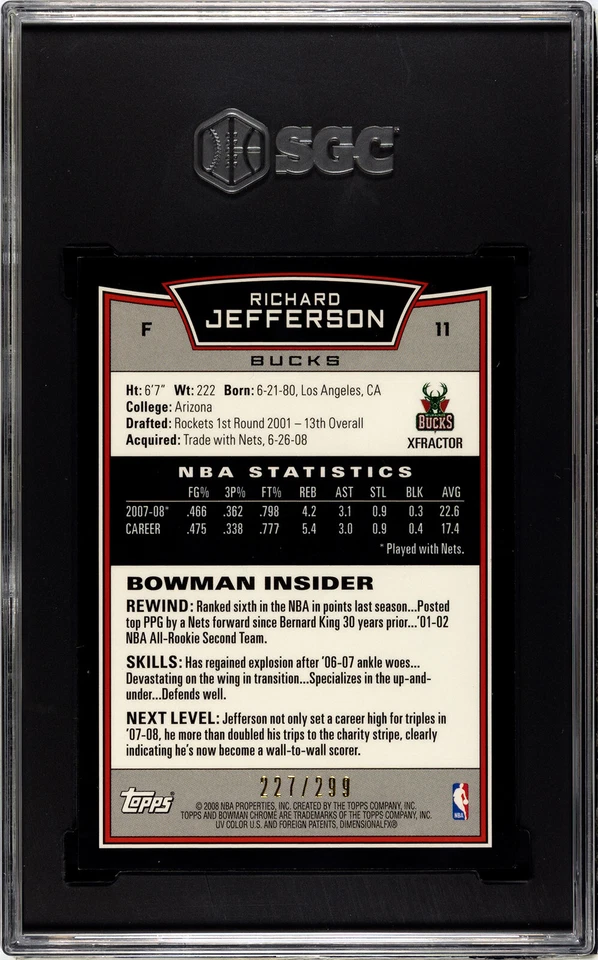 2008-09 Bowman cromo #11 Richard Jefferson Xfractor 227/299 SGC 8,5 casi nuevo MT+ Foto 2 de 2