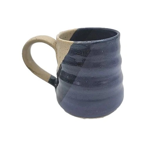 Hand Thrown Glazed Studio Art Pottery Purple Blue Beige Handle Mug 16 oz Cup