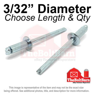 3/32'' Dome Head Blind Pop Rivets Steel/Steel Mandrel Zinc (Pick Length &Qty)