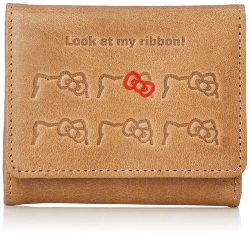 Moz Hello Kitty Tri-fold Coin Case Mini Wallet Genuine Leather Cowhide Camel - Picture 1 of 4