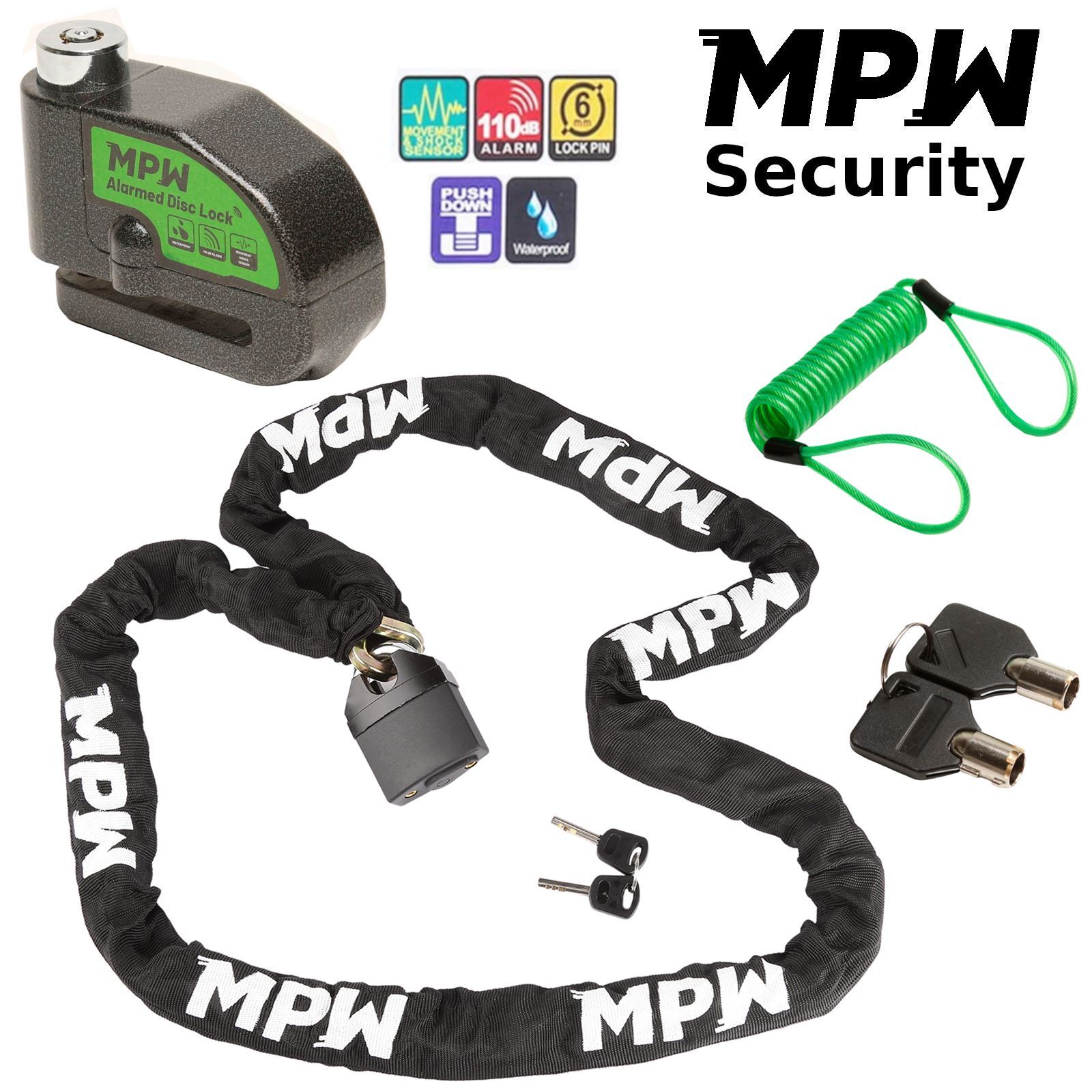 MPW Motorbike Motorcycle Scooter Chain Lock & Disc Lock + Reminder - 2M