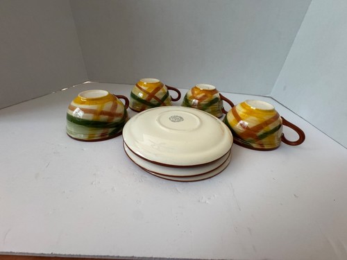 MCM Metlox Vernonware Poppytrail Homespun 4 Sets Flat Cups and Saucers Excellent - Picture 6 of 6