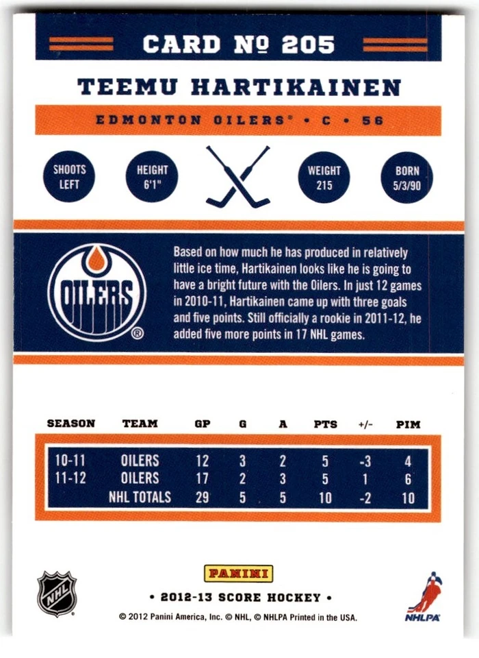 Teemu Hartikainen 2012-13 Score Gold Rush #205 Edmonton Oilers - Image 2 of 2