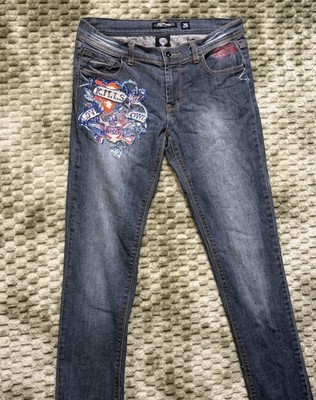 Ed Hardy Women's 29 Black Skinny Jeans Spell Out Y2K Low Rise Stretch