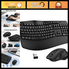 Ergonomic Wireless Keyboard  Mouse Combo, 2.4G Wave Design, Black, USB Receiver