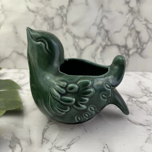 Hull Vintage Pottery Bird Pot Planter Bowl Dark Green F474 USA Decor Animal