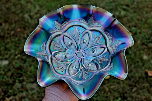 ANTIQUE DUGAN VICTORIAN CARNIVAL GLASS RUFFLED BOWL - PURPLE - SCARCE