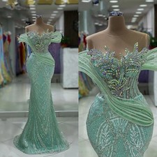 Mermaid Evening Dresses Sheer Neck Sleeveless Crystal Sequins Train Party Gown