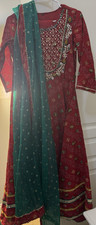 Women  s Anarkali Salwar Kameez Suit Red Synthetic w/ Green Dupatta Size M