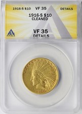1916-S $10 Indian Gold Eagle ANACS VF35 Details Cleaned