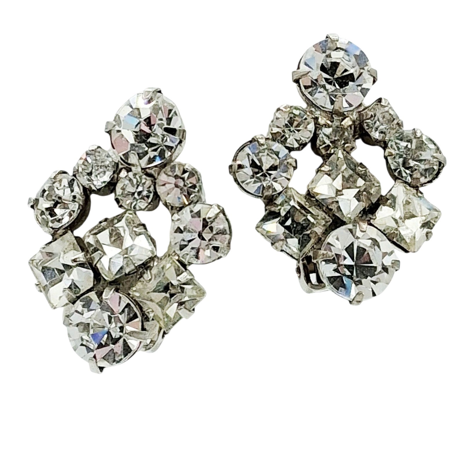 Vtg 1950s Silver Tone Prong Set Clear Rhinestone Cluster Earrings 1.25